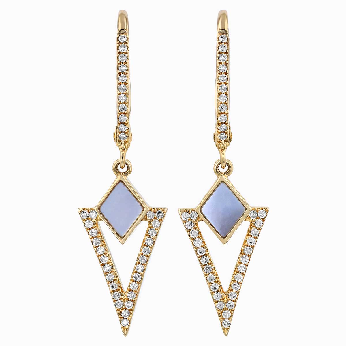 Doves Mother of Pearl & Diamond Geometric Dangle Hoop Earrings in Yellow Gold