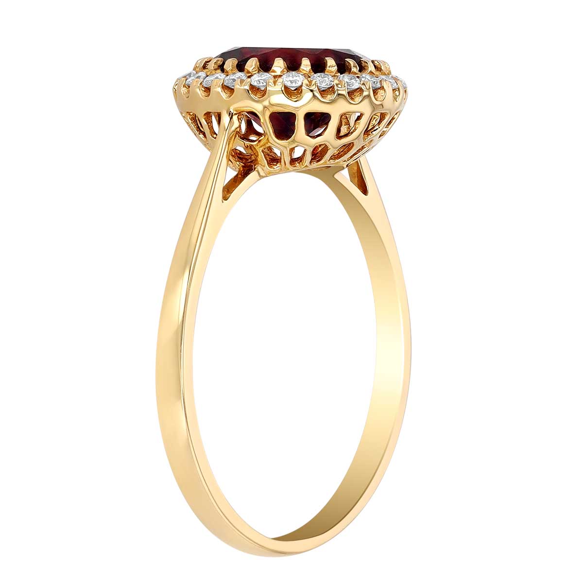 Doves Round Garnet & Diamond Halo Ring in Yellow Gold
