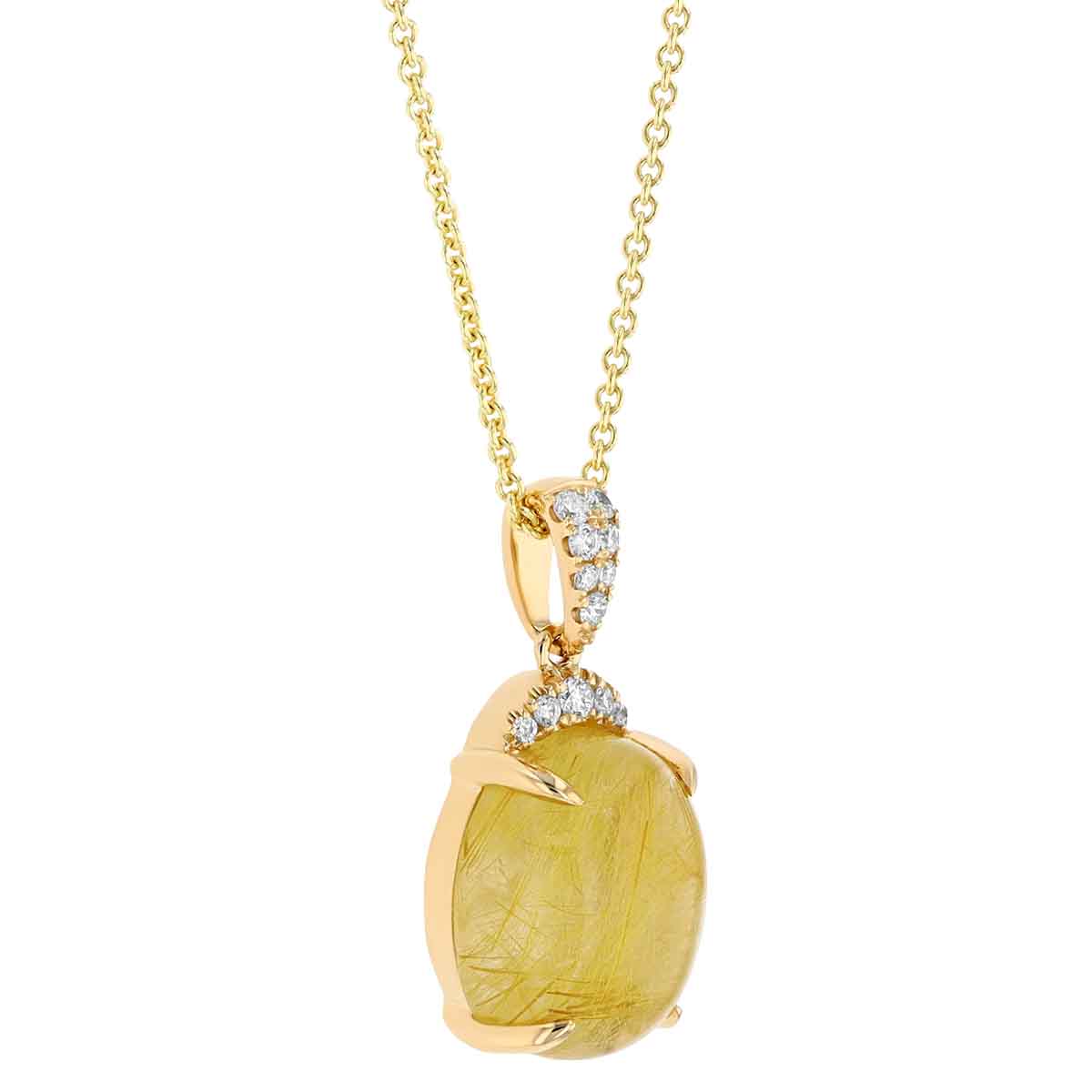 Oval Cabochon Rutilated Quartz & Diamond Bail Pendant in Yellow Gold, 18