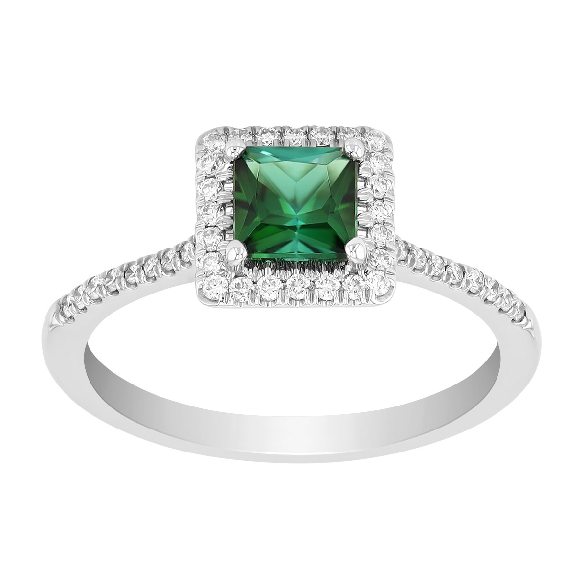 Princess Cut Tourmaline & Diamond Halo Ring in White Gold
