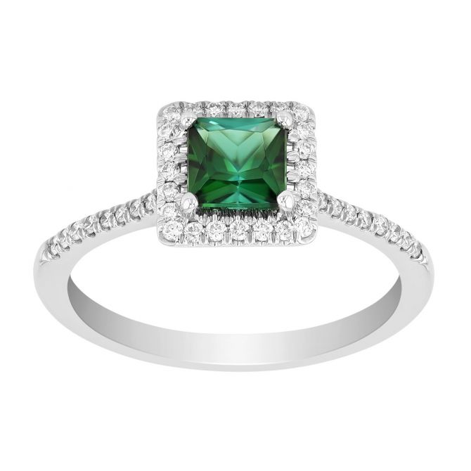 Princess Cut Tourmaline & Diamond Halo Ring in White Gold