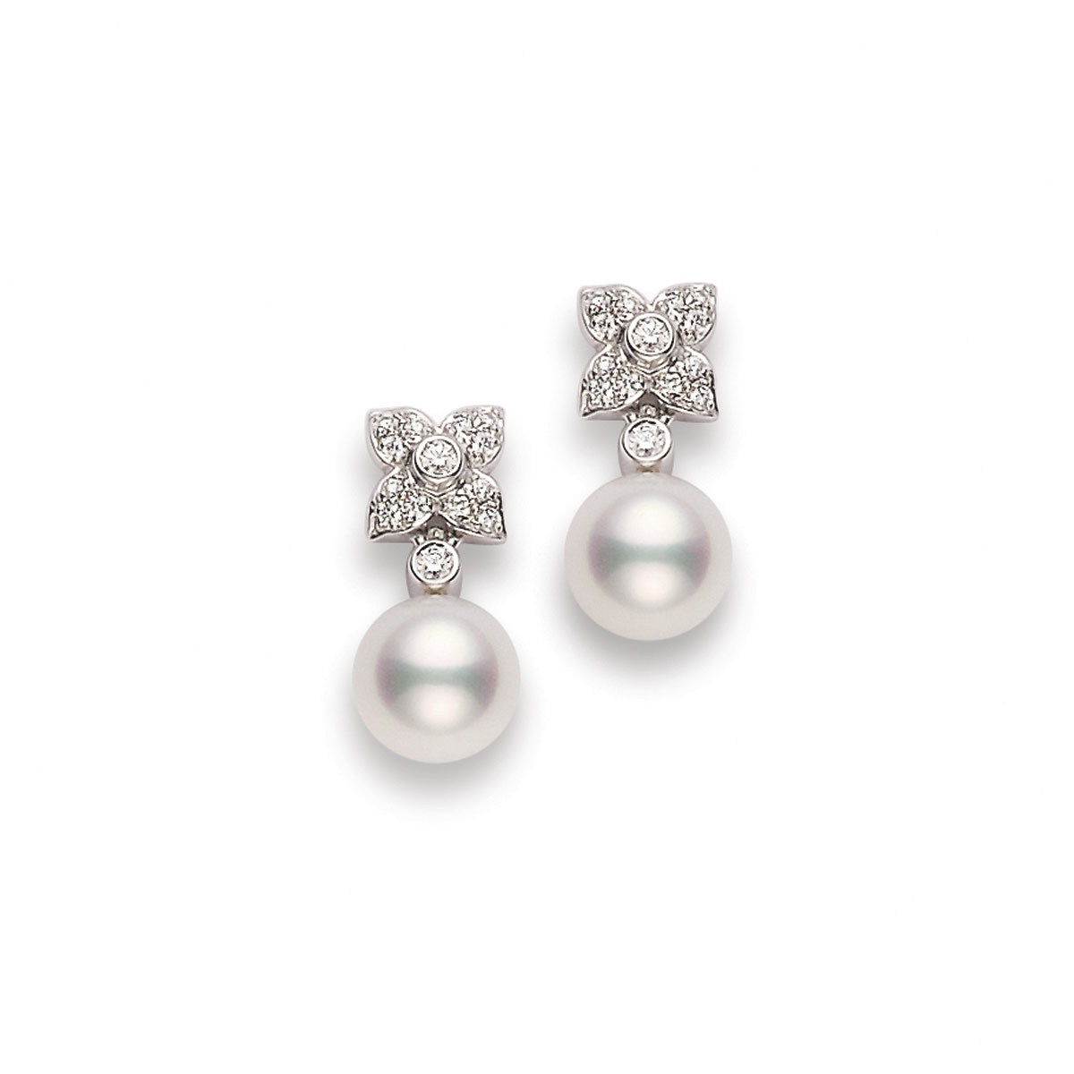 Mikimoto Akoya Cultured Pearl & Diamond Flower Dangle Earrings in White Gold