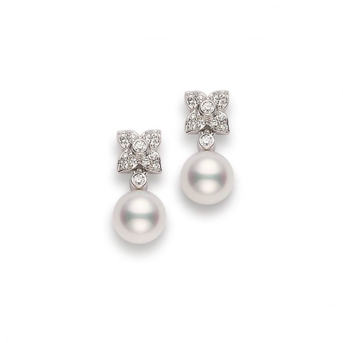 Mikimoto Akoya Cultured Pearl & Diamond Flower Dangle Earrings in White Gold