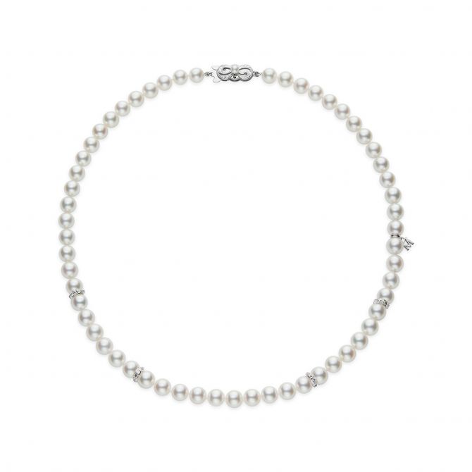 Mikimoto Akoya Cultured Pearl Strand Necklace with Diamond Stations in White Gold, 18", 7 x7.5 mm