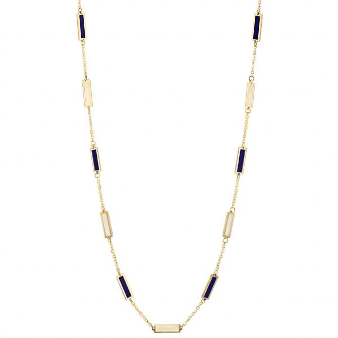 Frederic Sage Lapis Lazuli & Mother of Pearl Rectangle Bezel Set Station Necklace in Yellow Gold