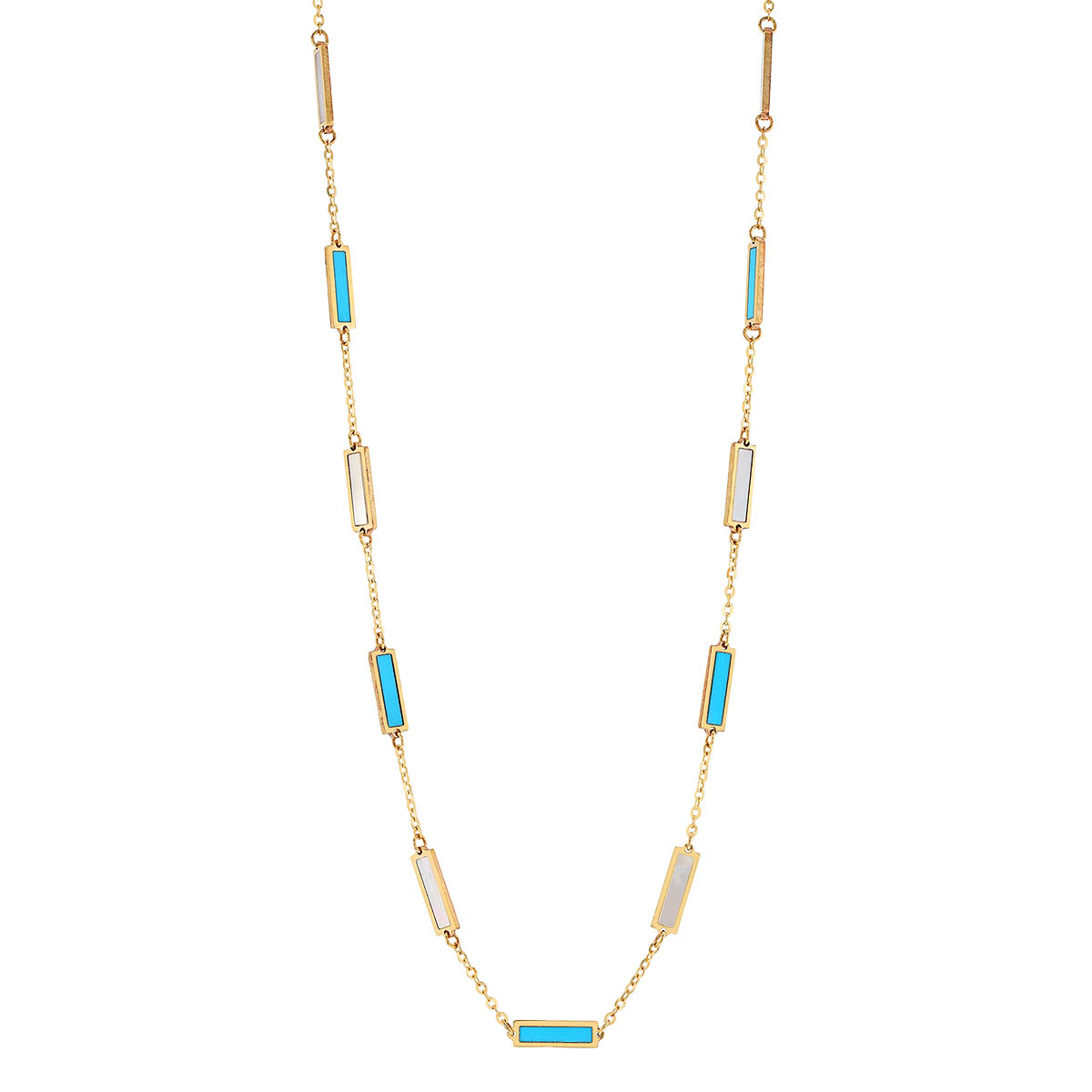 Frederic Sage Turquoise & Mother of Pearl Rectangle Station Necklace in Yellow Gold