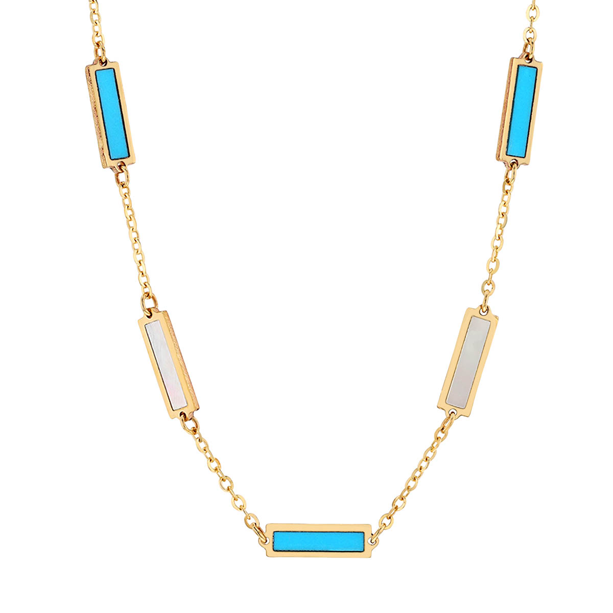 Frederic Sage Turquoise & Mother of Pearl Rectangle Station Necklace in Yellow Gold