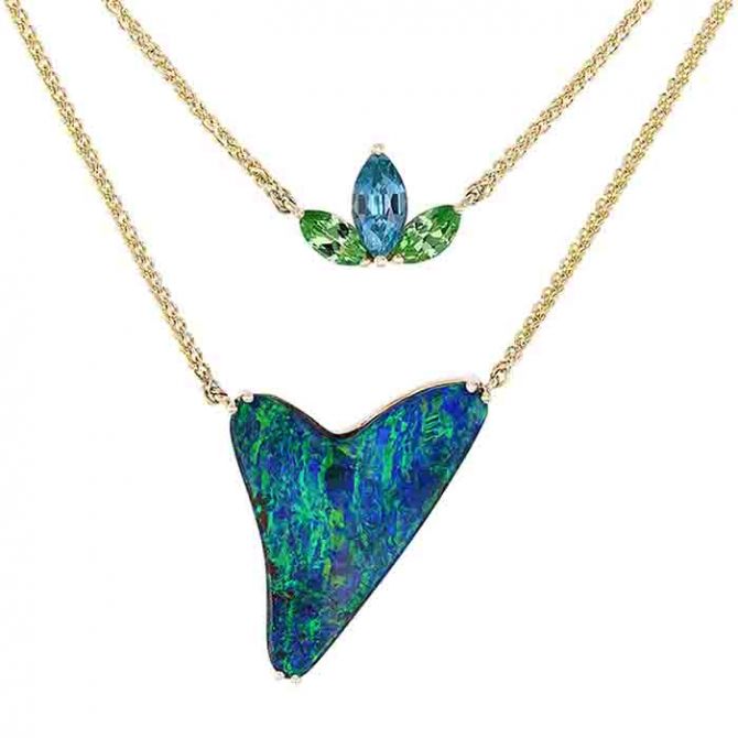 Boulder Opal, Green Garnet & Blue Zircon Double Strand Necklace in Yellow Gold, 18"