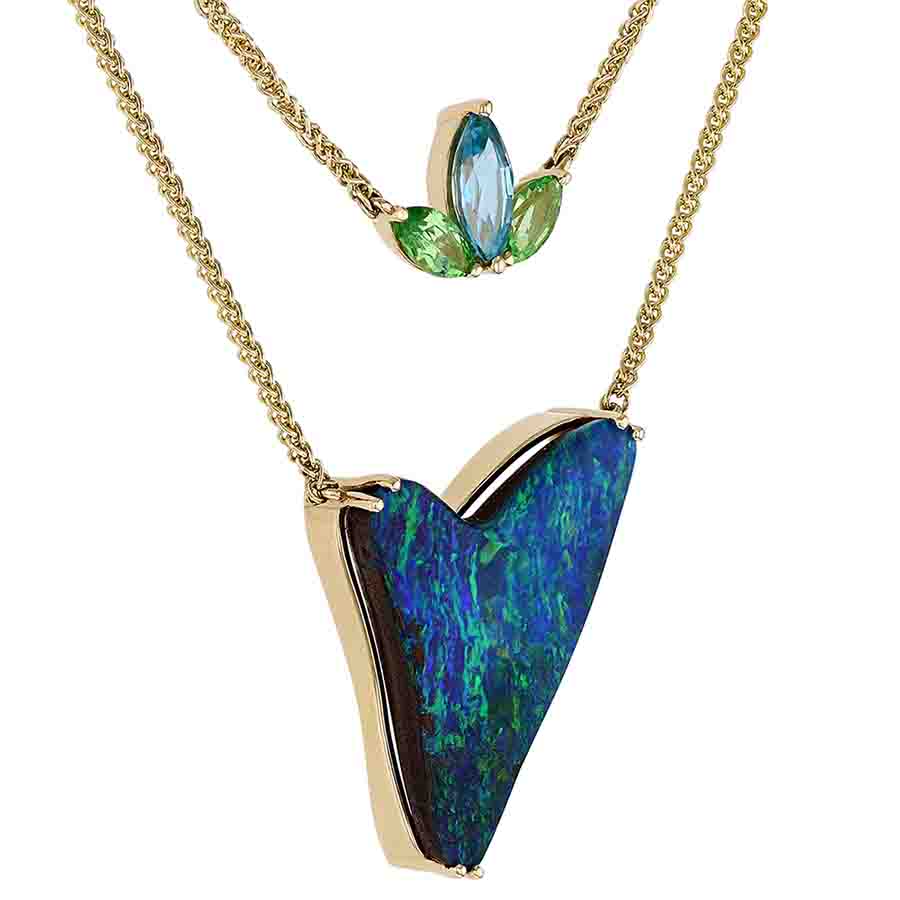 Boulder Opal, Green Garnet & Blue Zircon Double Strand Necklace in Yellow Gold, 18