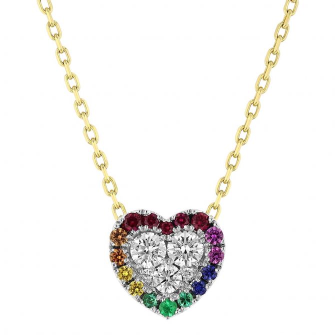 Frederic Sage Multicolored Sapphire & Diamond Cluster Heart Shaped Pendant in White & Yellow Gold