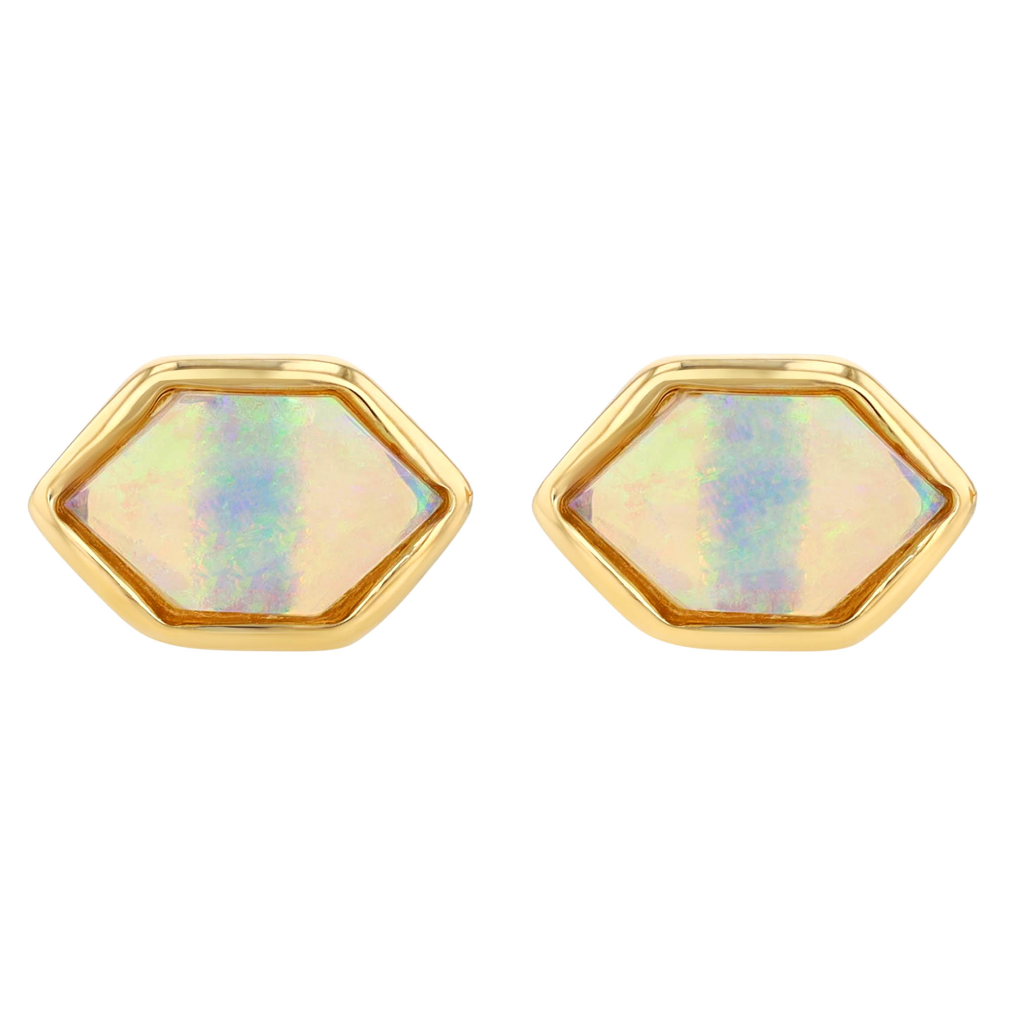 Hexagon Opal Bezel Set Stud Earrings in Yellow Gold