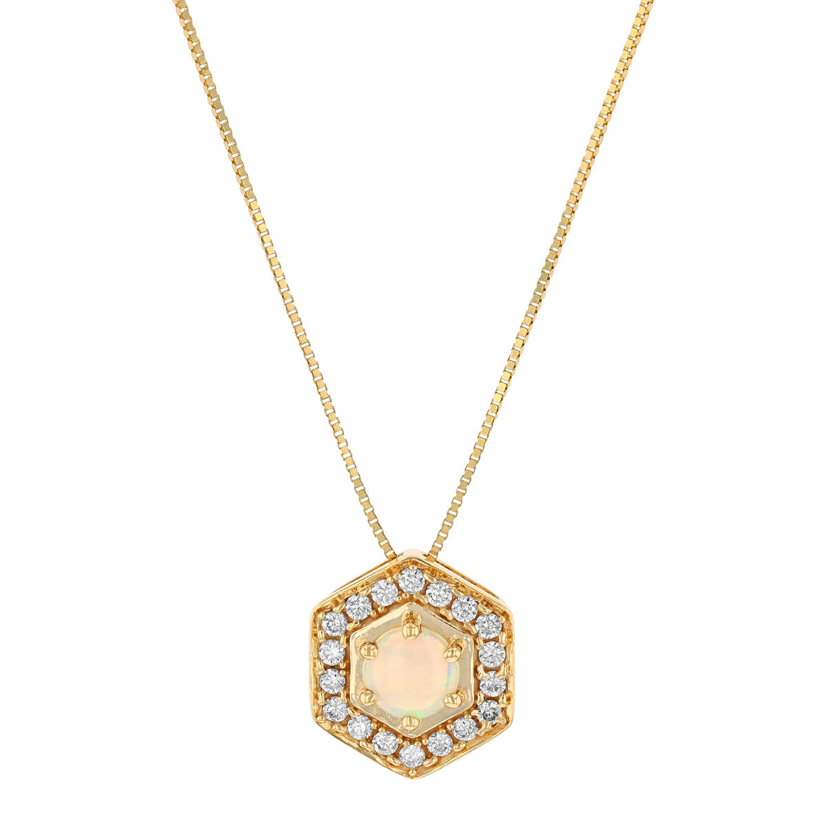 Round Cabochon Opal & Diamond Hexagon Halo Pendant in Yellow Gold