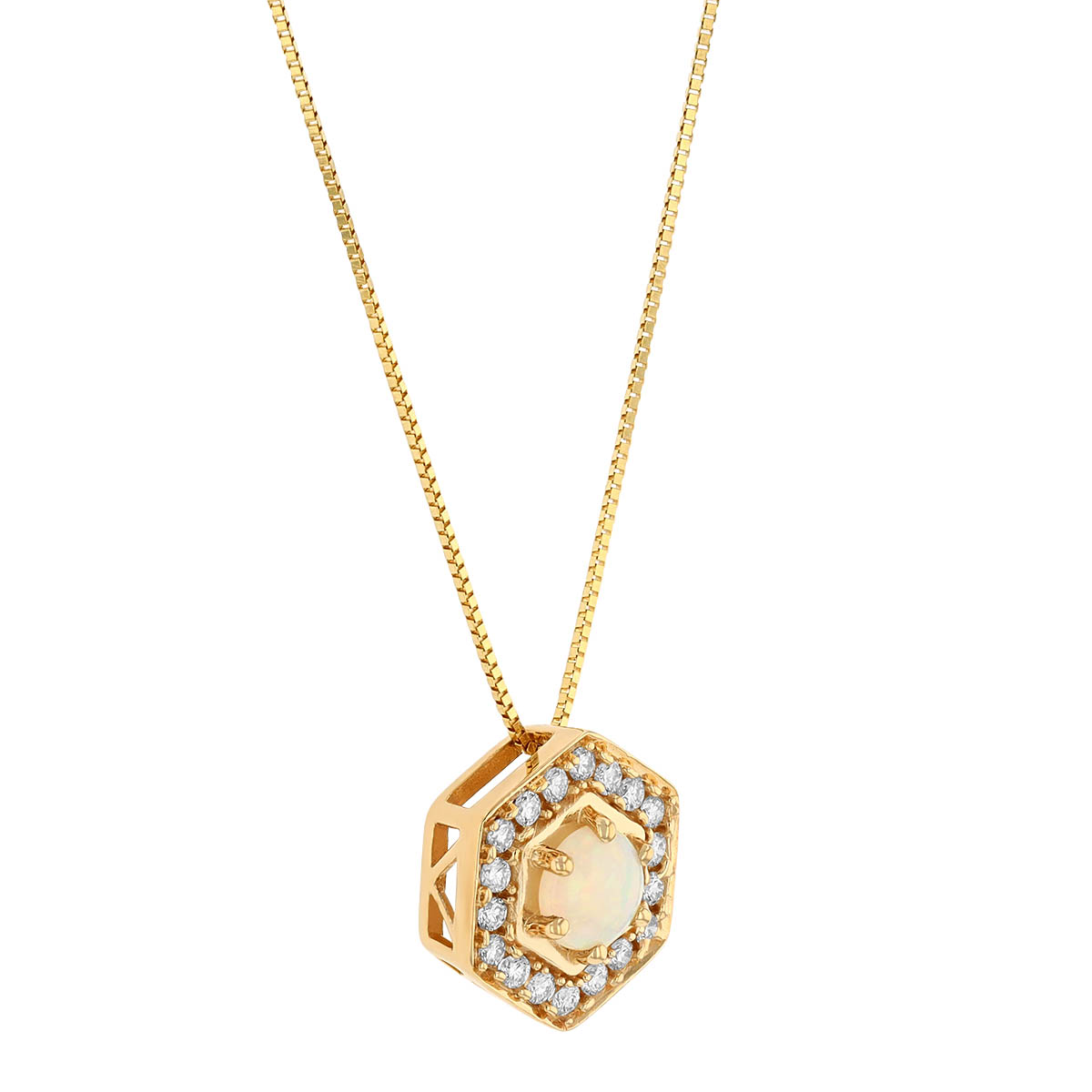 Round Cabochon Opal & Diamond Hexagon Halo Pendant in Yellow Gold