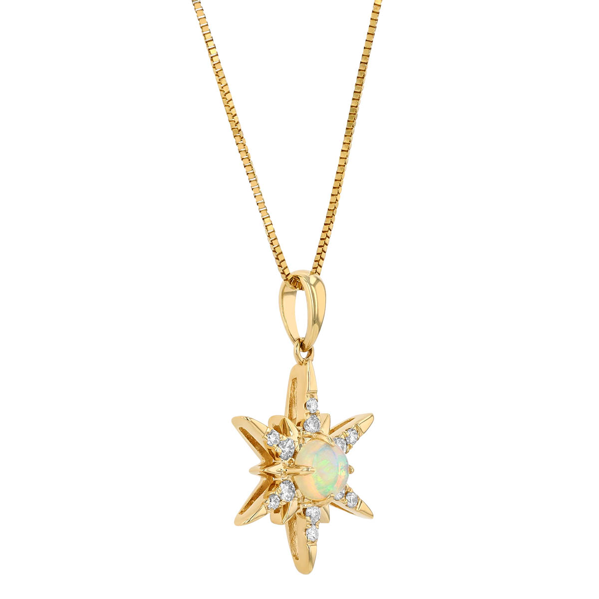 Round Cabochon Opal & Diamond Starburst Pendant in Yellow Gold
