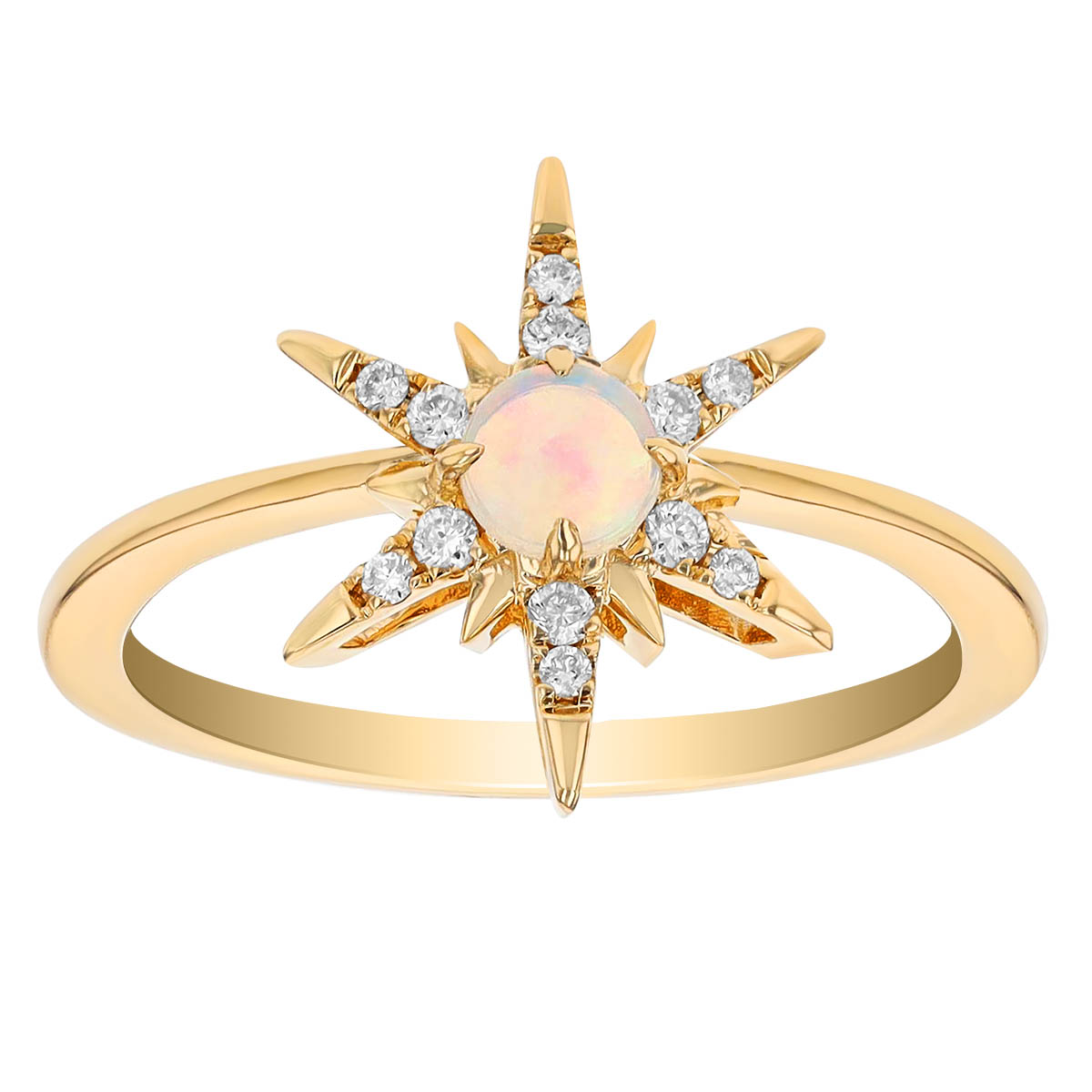Round Cabochon Opal & Diamond Starburst Ring in Yellow Gold