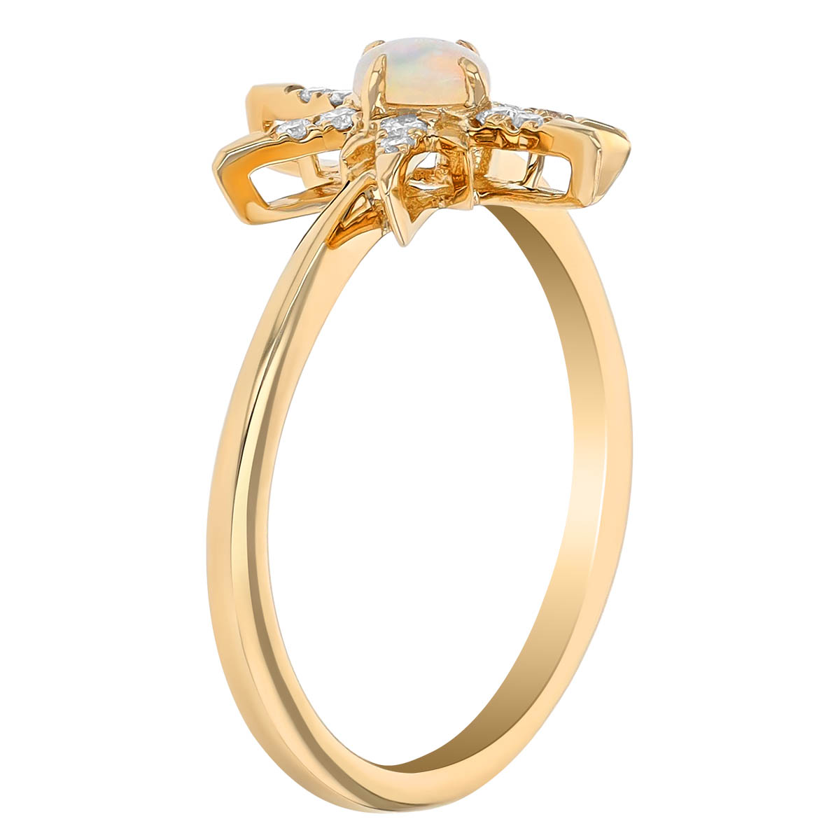 Round Cabochon Opal & Diamond Starburst Ring in Yellow Gold