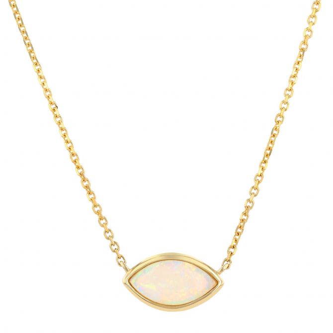 Marquise Cabochon Opal Bezel Set Pendant in Yellow Gold, 18"