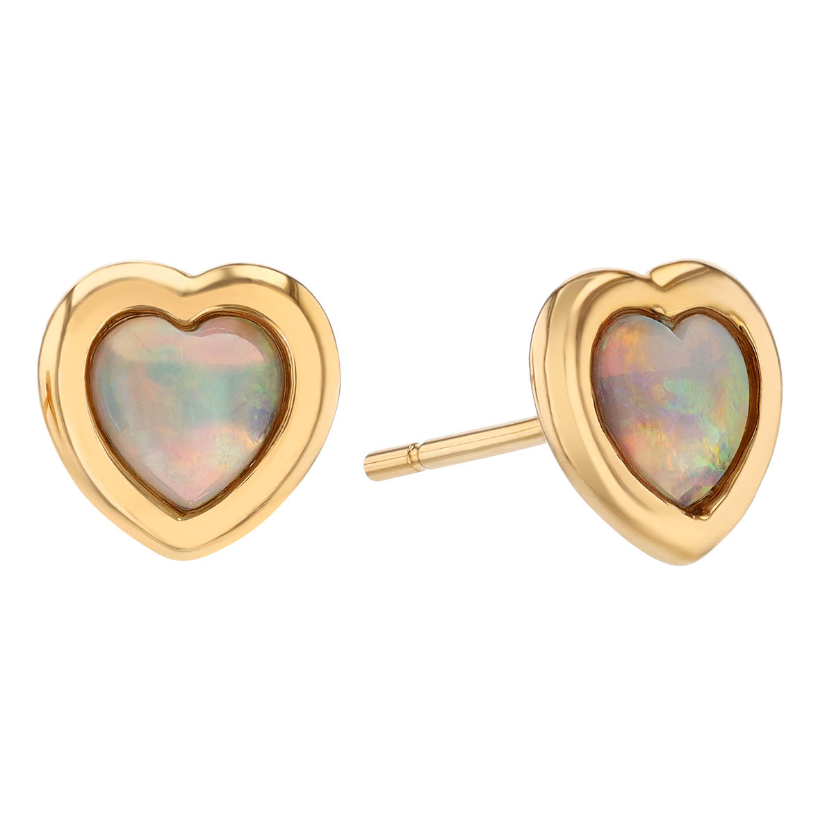 Heart Shaped Opal Bezel Set Stud Earrings in Yellow Gold
