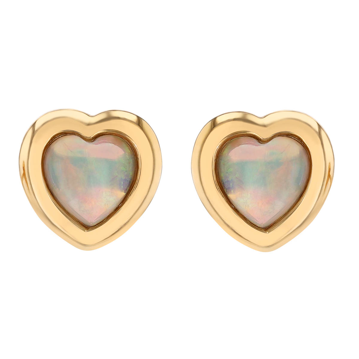 Heart Shaped Opal Bezel Set Stud Earrings in Yellow Gold