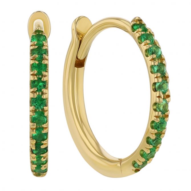 Zoe Chicco Pave Emerald Hinge Huggie Hoop Earrings in Yellow Gold