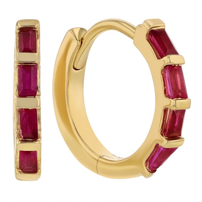 Zoe Chicco Baguette Ruby Hinge Huggie Hoop Earrings in Yellow Gold