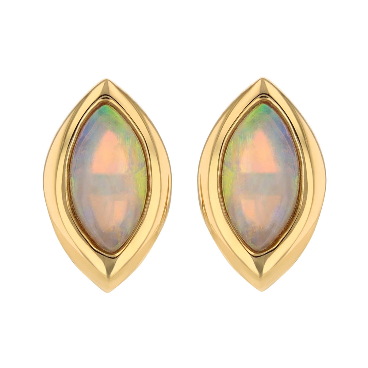 Marquise Cabochon Opal Bezel Set Stud Earrings in Yellow Gold