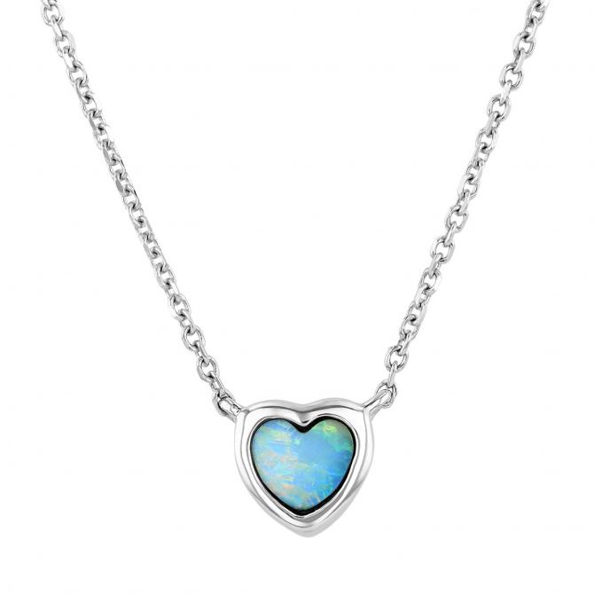 Heart Shaped Opal Bezel Set Pendant in White Gold, 18"