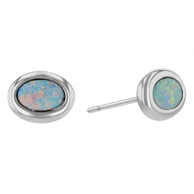 Oval Opal Bezel Set Stud Earrings in White Gold