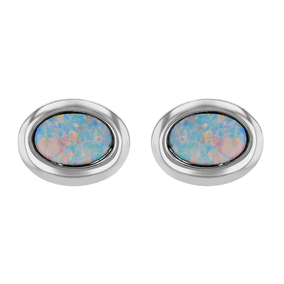 Oval Opal Bezel Set Stud Earrings in White Gold