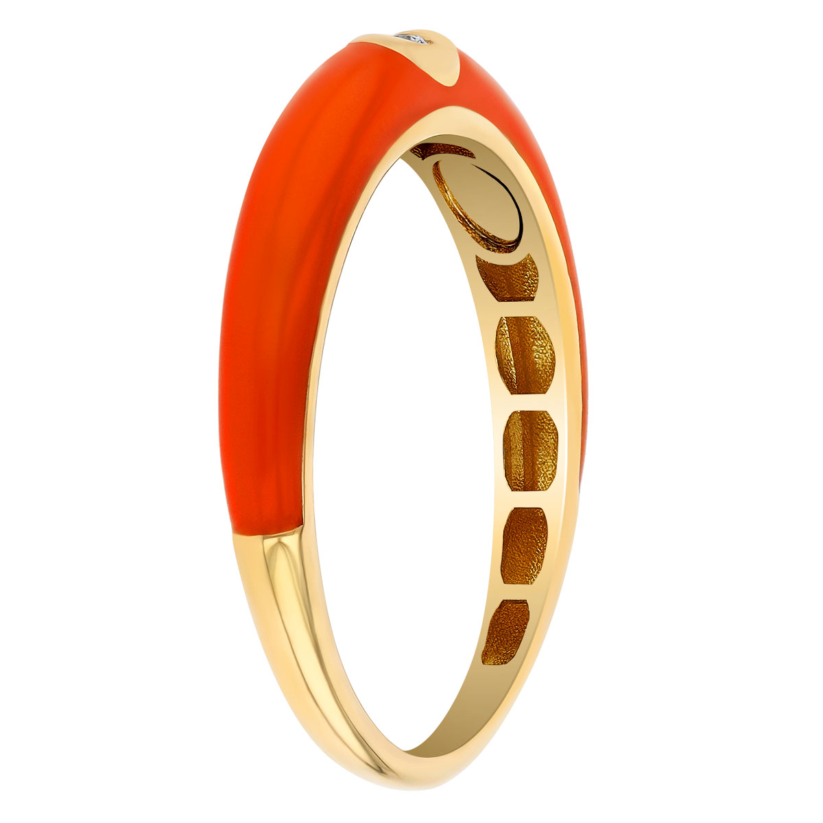 Diamond Flush Set Solitaire Orange Enamel Ring in Yellow Gold