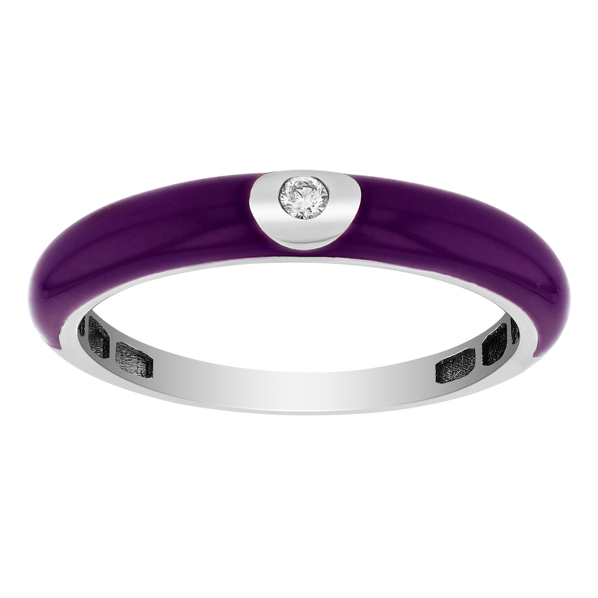 Diamond Flush Set Solitaire Purple Enamel Ring in White Gold