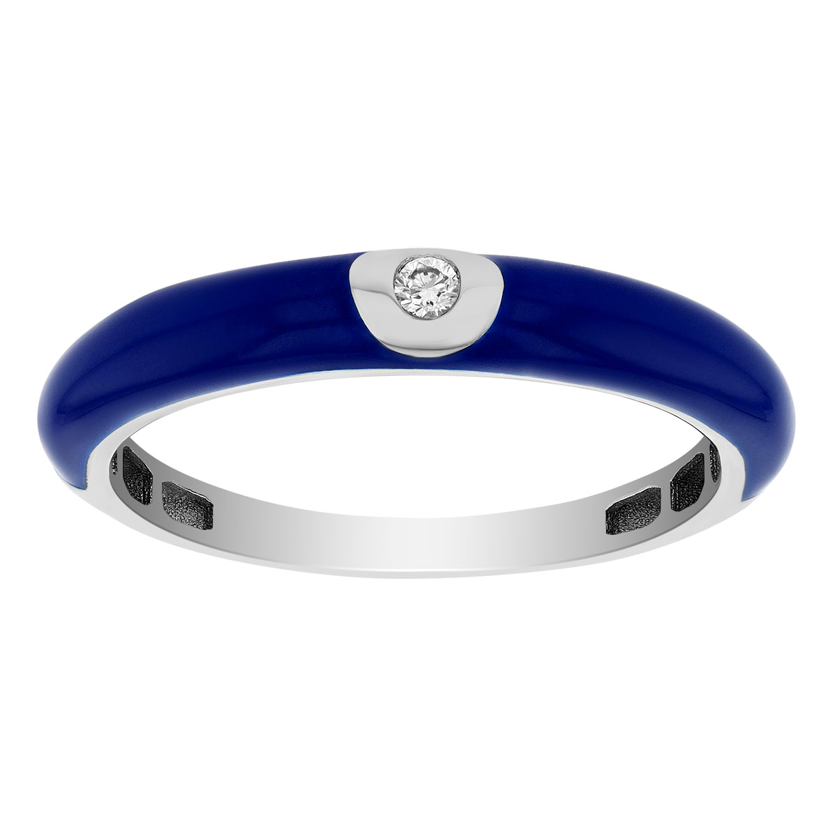 Diamond Flush Set Solitaire Navy Blue Enamel Ring in White Gold