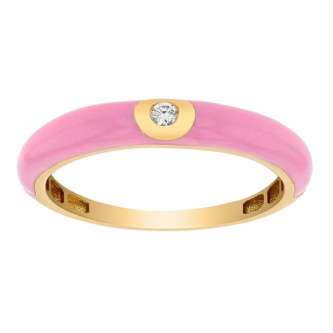 Diamond Flush Set Solitaire Pink Enamel Ring in Yellow Gold