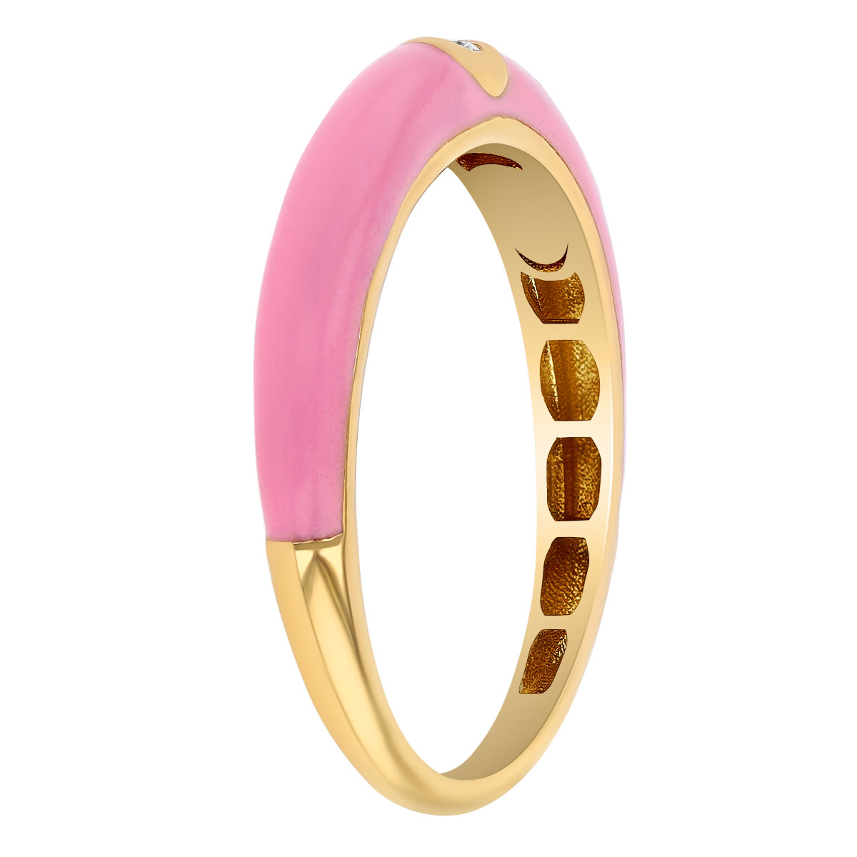 Diamond Flush Set Solitaire Pink Enamel Ring in Yellow Gold