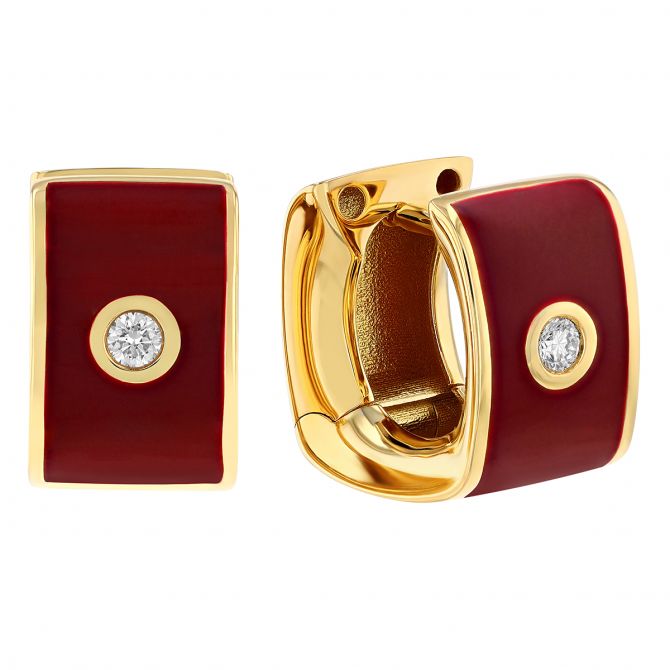 Burgundy Enamel & Bezel Set Diamond Soft Square Huggie Earrings in Yellow Gold
