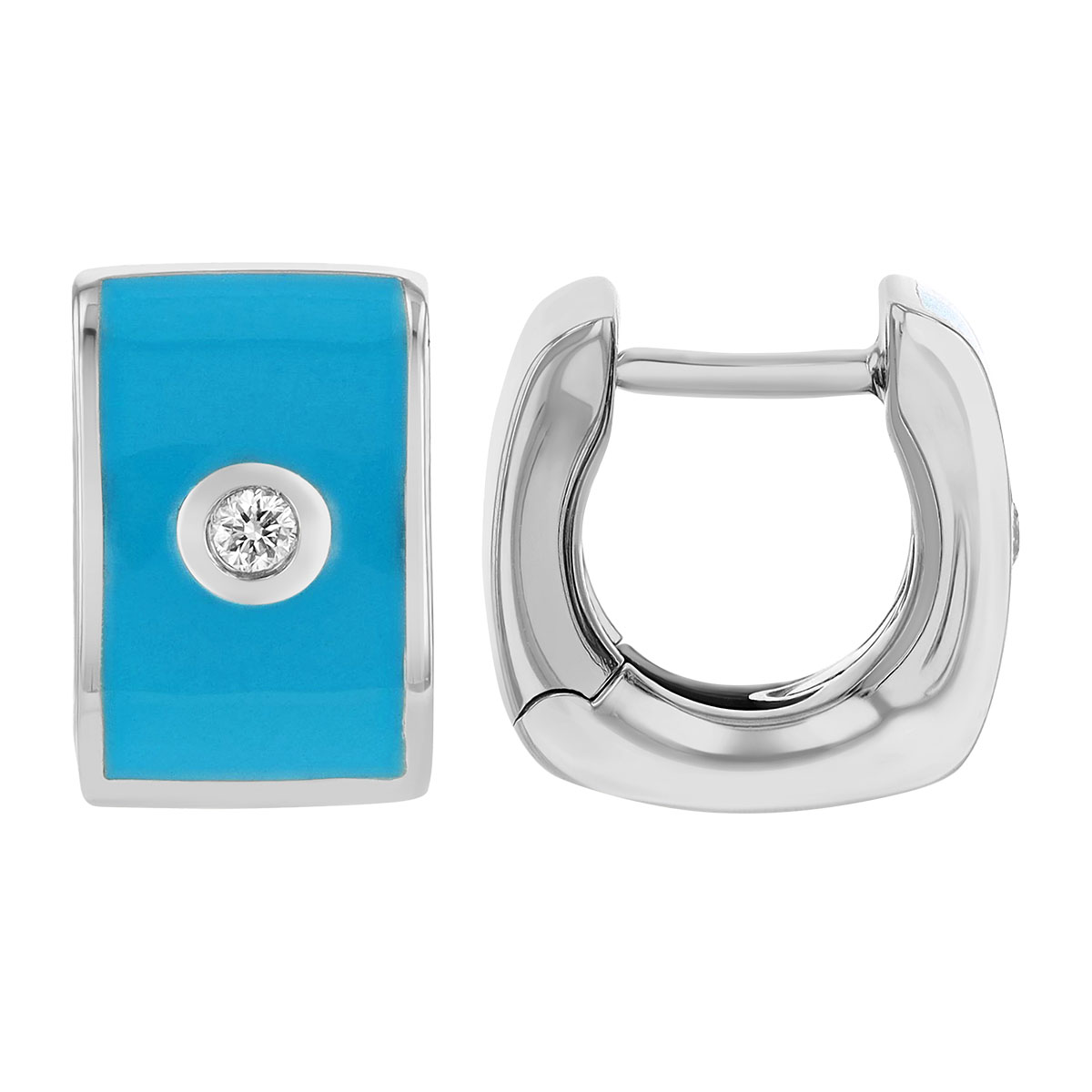 Diamond Flush Set Solitaire Bright Blue Enamel Wide Huggie Hoop Earrings in White Gold