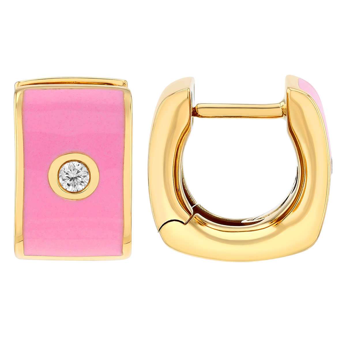 Pink Enamel & Bezel Set Diamond Soft Square Huggie Earrings in Yellow Gold