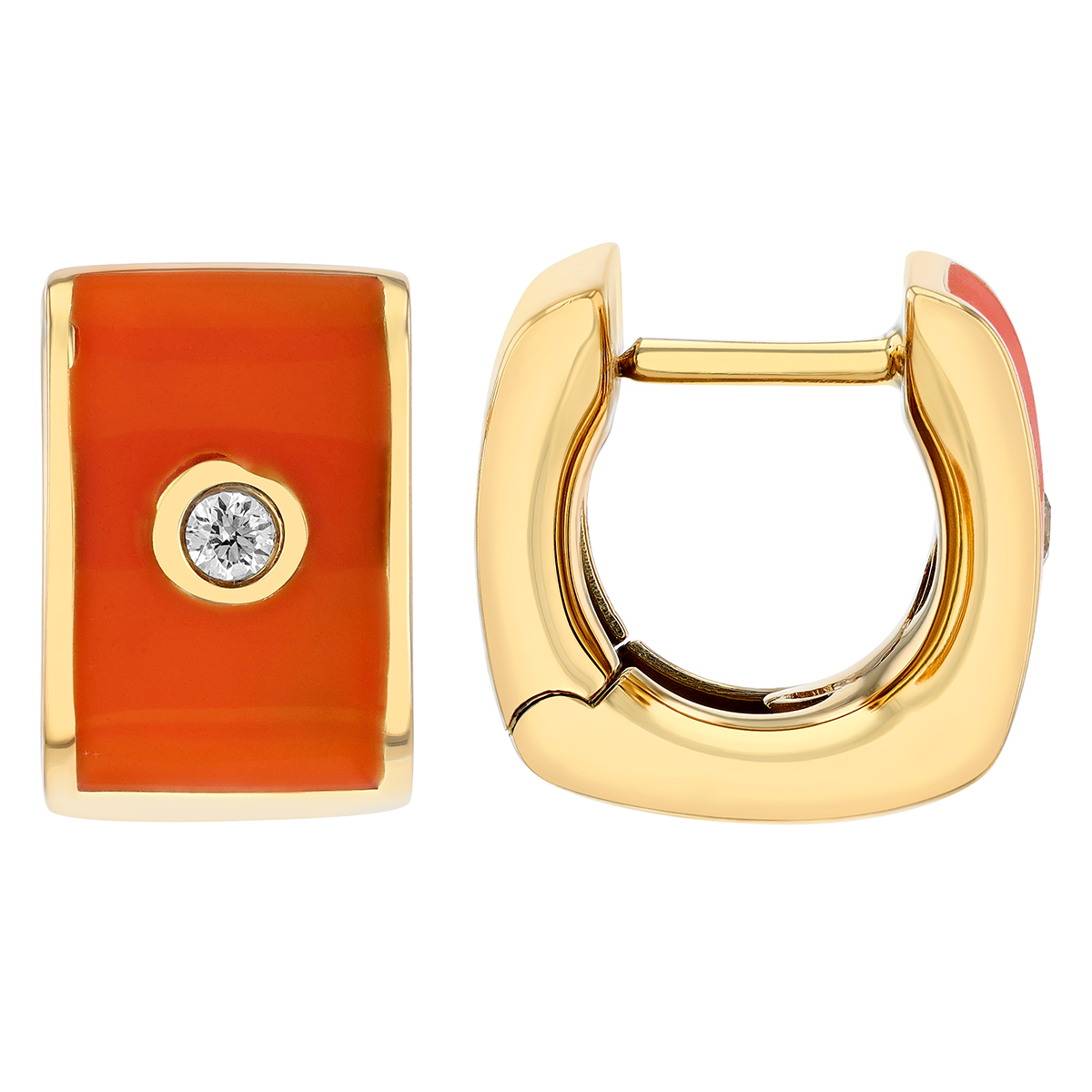 Orange Enamel & Bezel Set Diamond Soft Square Huggie Earrings in Yellow Gold