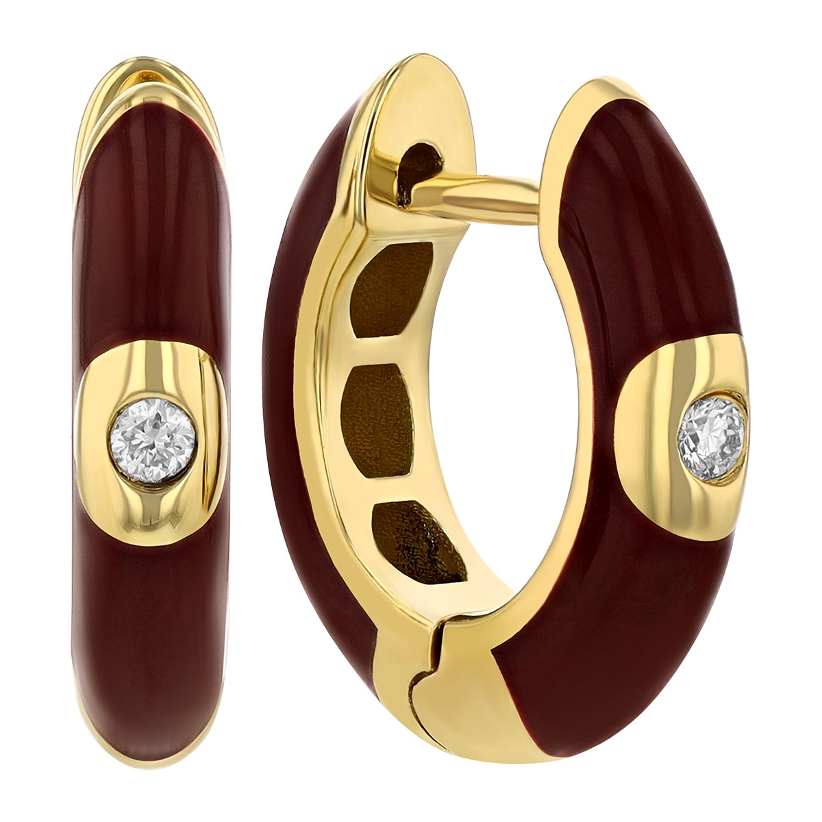 Diamond Flush Set Solitaire Burgundy Enamel Hoop Earrings in Yellow Gold
