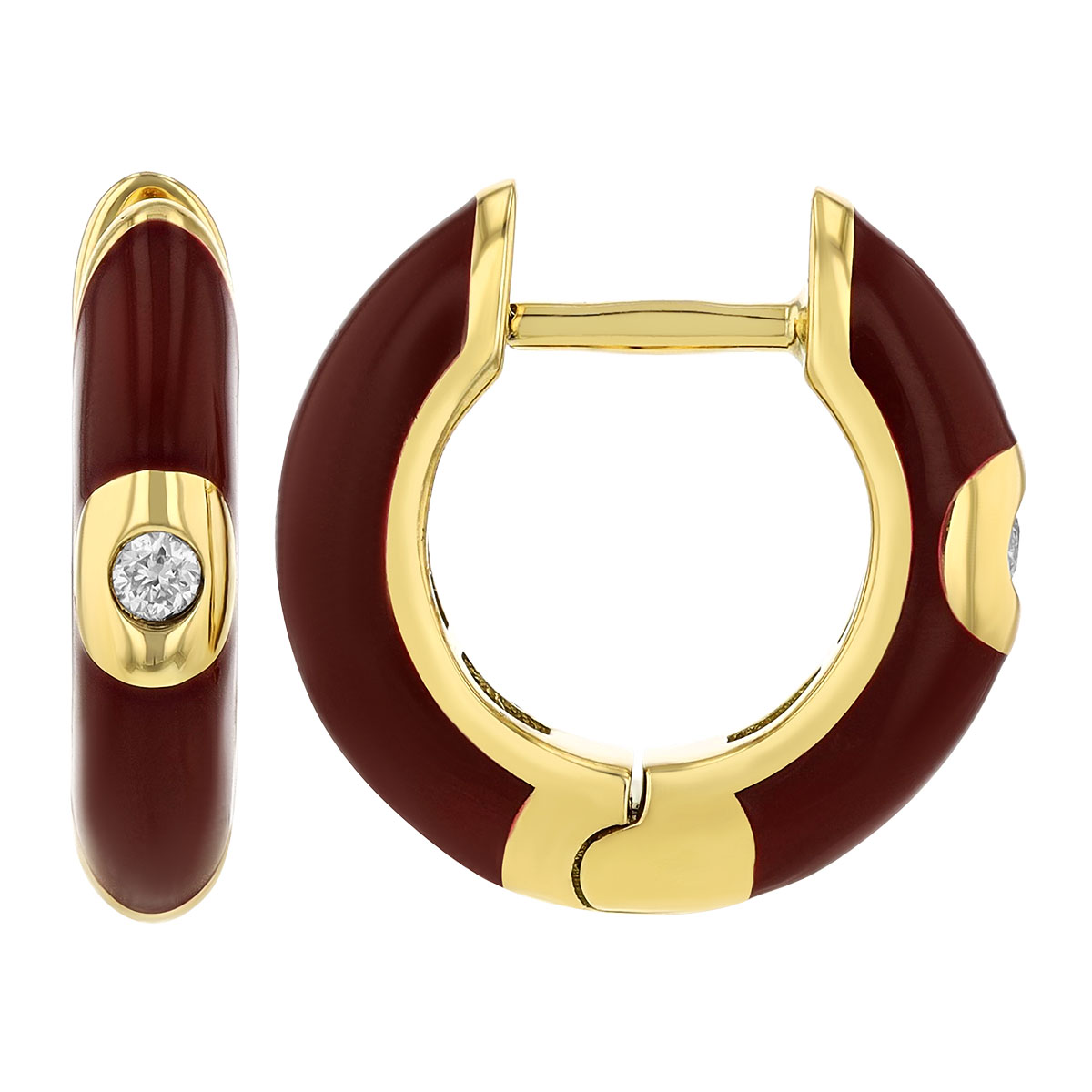 Diamond Flush Set Solitaire Burgundy Enamel Hoop Earrings in Yellow Gold