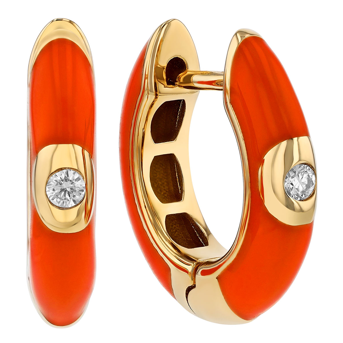 Diamond Flush Set Solitaire Orange Enamel Hoop Earrings in Yellow Gold