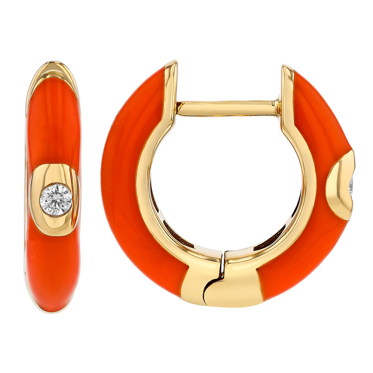 Diamond Flush Set Solitaire Orange Enamel Hoop Earrings in Yellow Gold