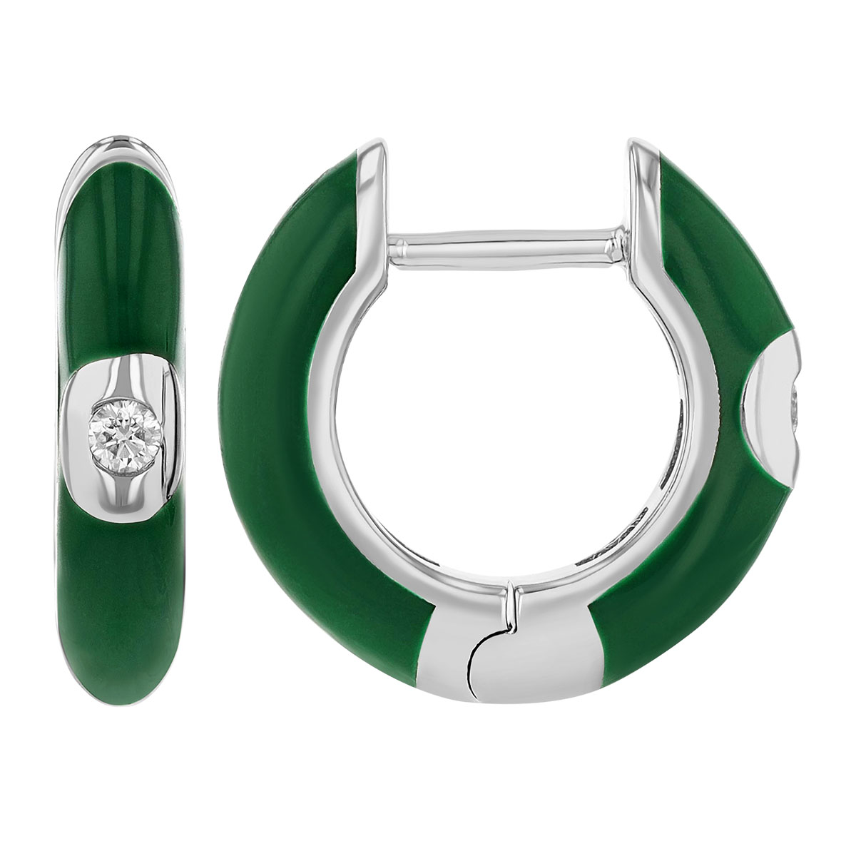 Diamond Flush Set Solitaire Green Enamel Hoop Earrings in White Gold