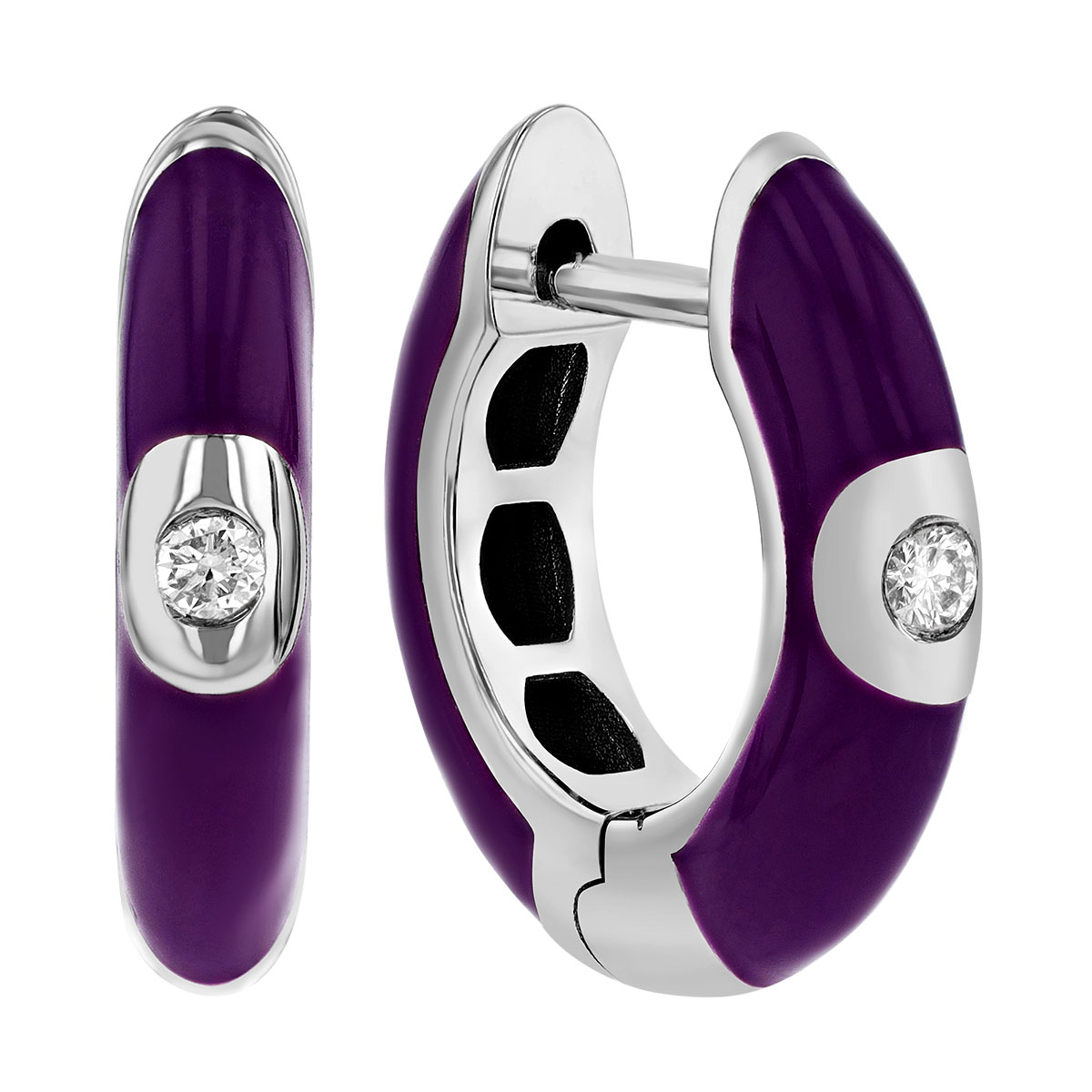 Diamond Flush Set Solitaire Purple Enamel Hoop Earrings in White Gold