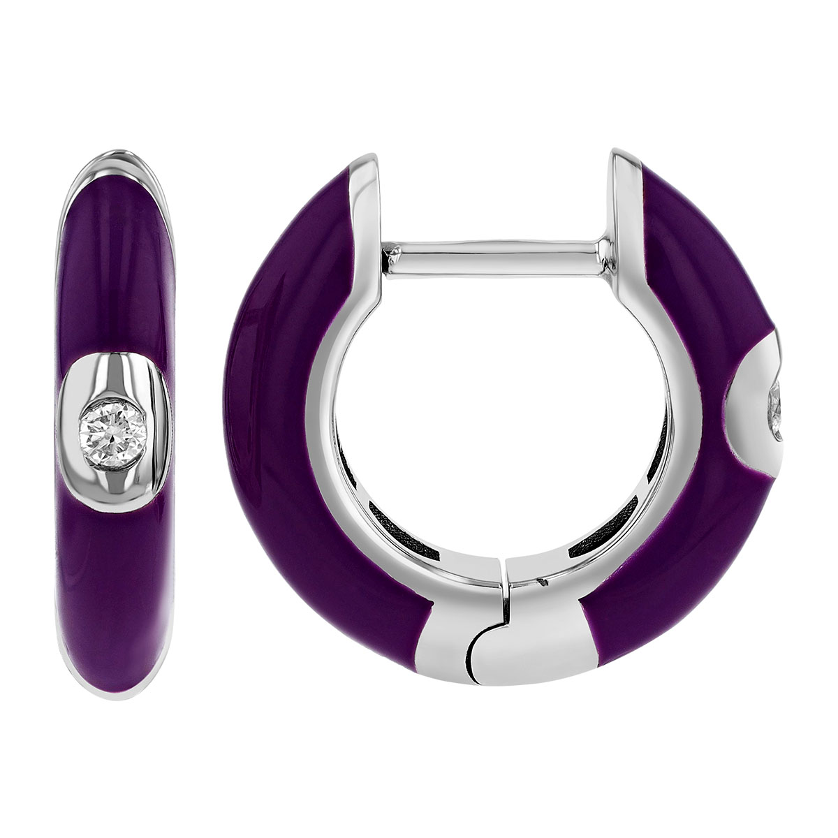 Diamond Flush Set Solitaire Purple Enamel Hoop Earrings in White Gold
