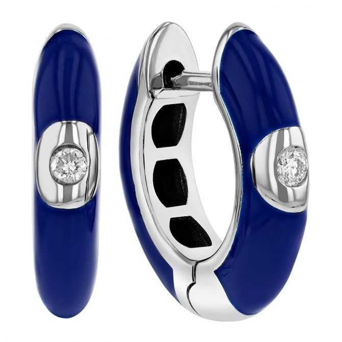 Diamond Flush Set Solitaire Navy Blue Enamel Hoop Earrings in White Gold