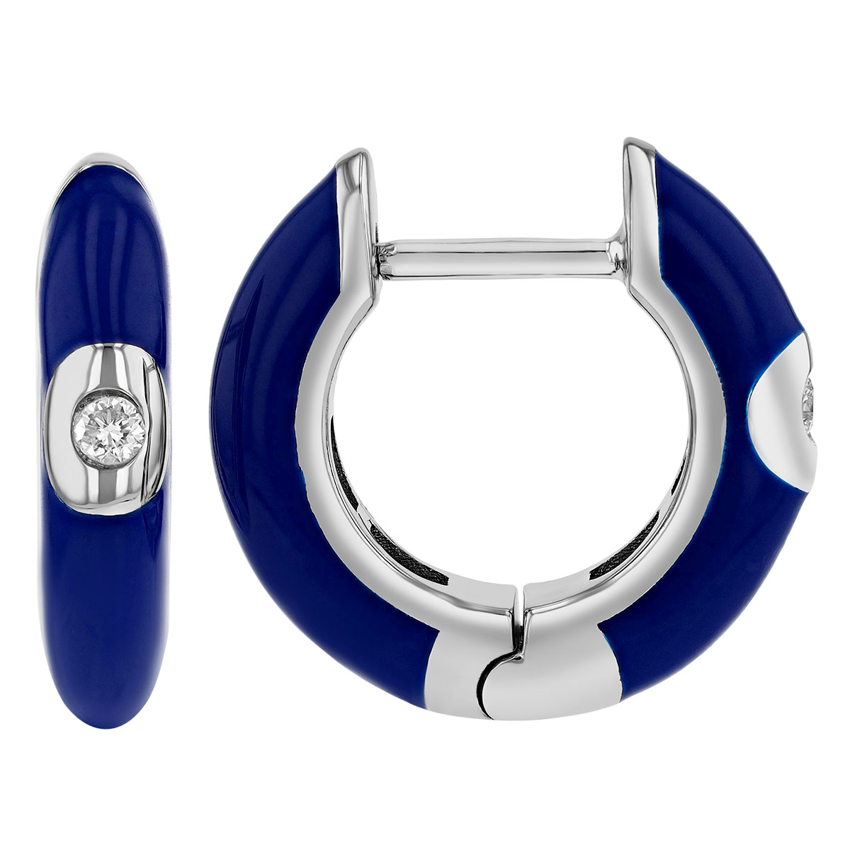 Diamond Flush Set Solitaire Navy Blue Enamel Hoop Earrings in White Gold