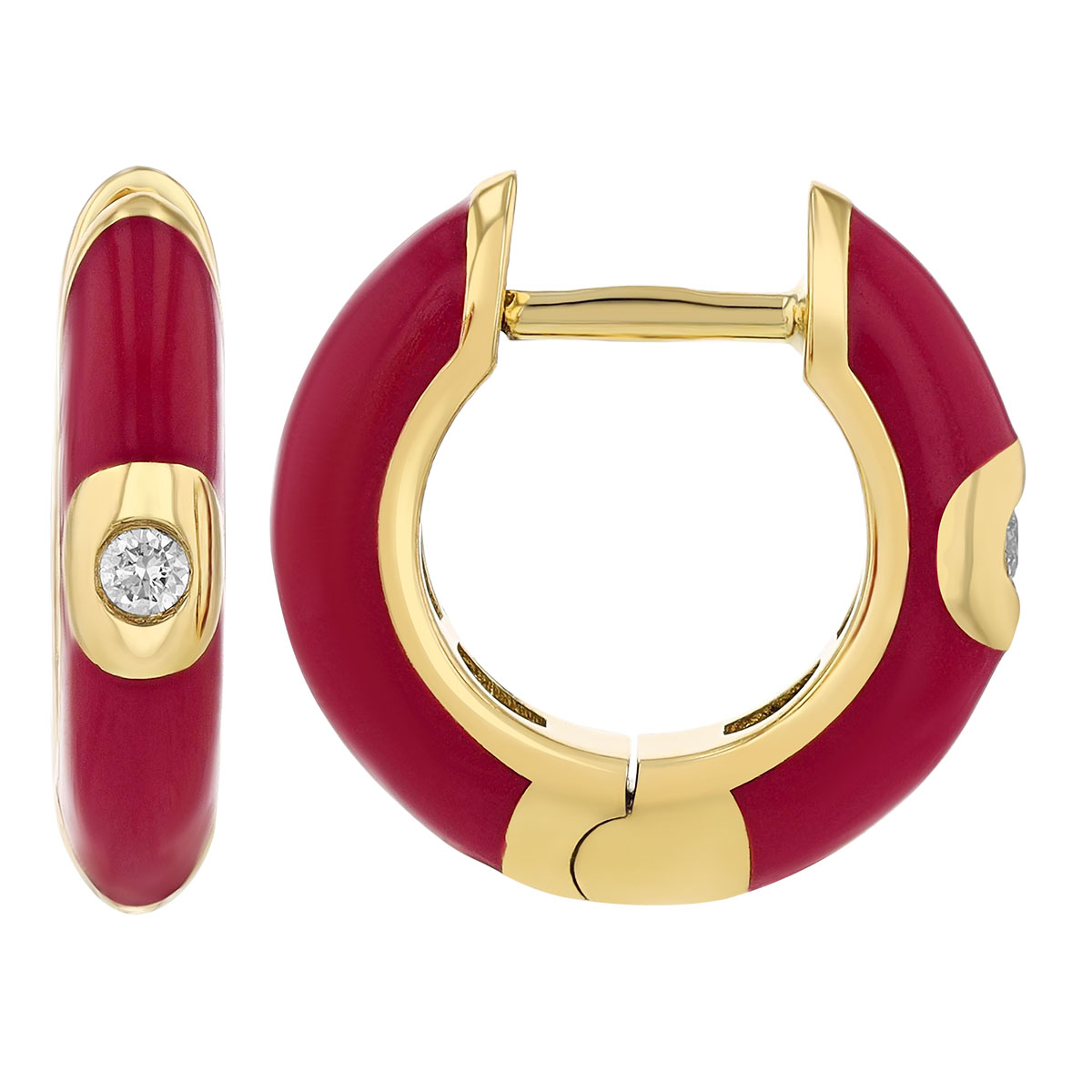 Diamond Flush Set Solitaire Crimson Enamel Hoop Earrings in Yellow Gold