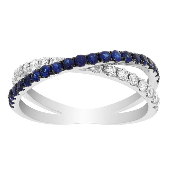 Sapphire & Diamond 2 Row Criss Cross X Ring in White Gold