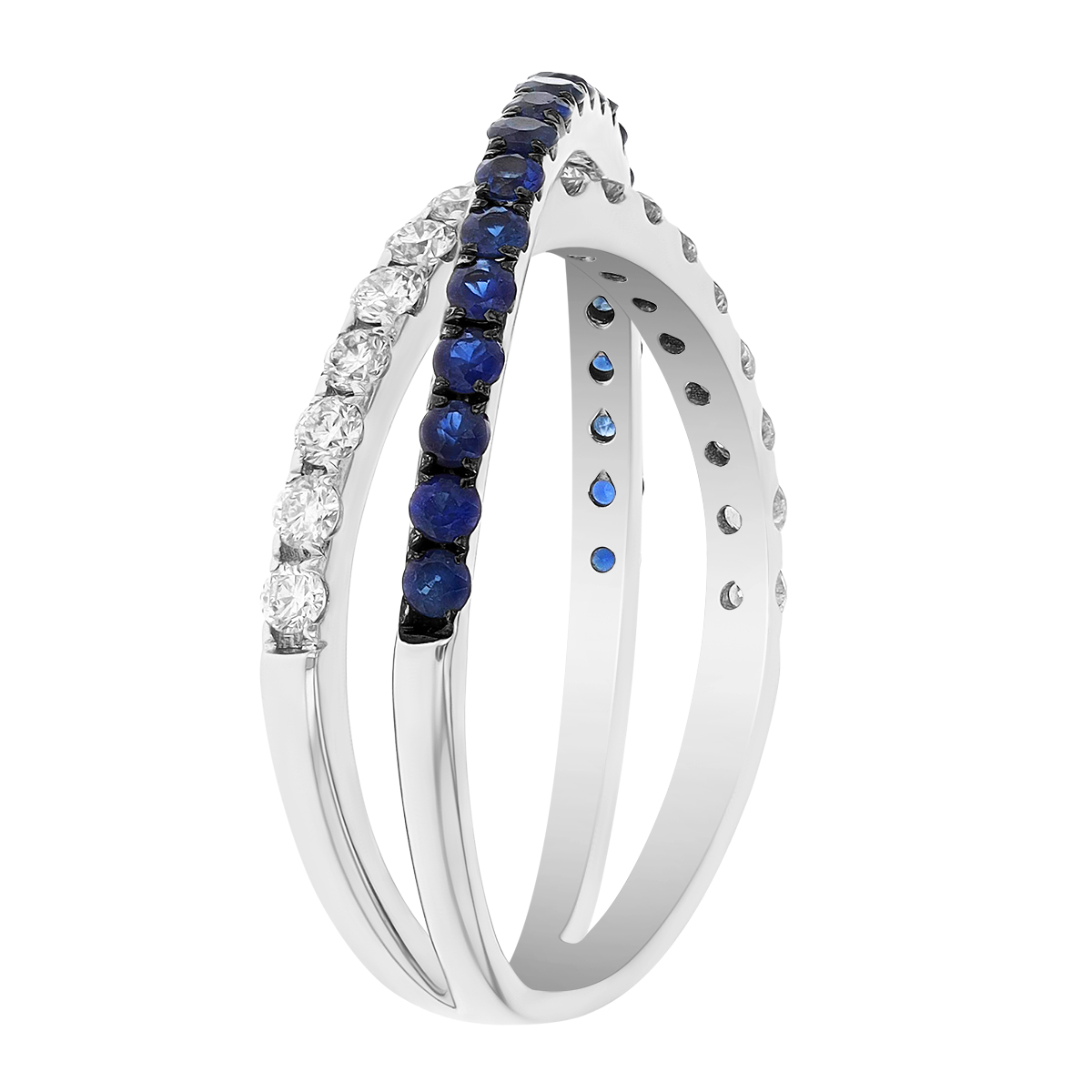 Sapphire & Diamond 2 Row Criss Cross X Ring in White Gold